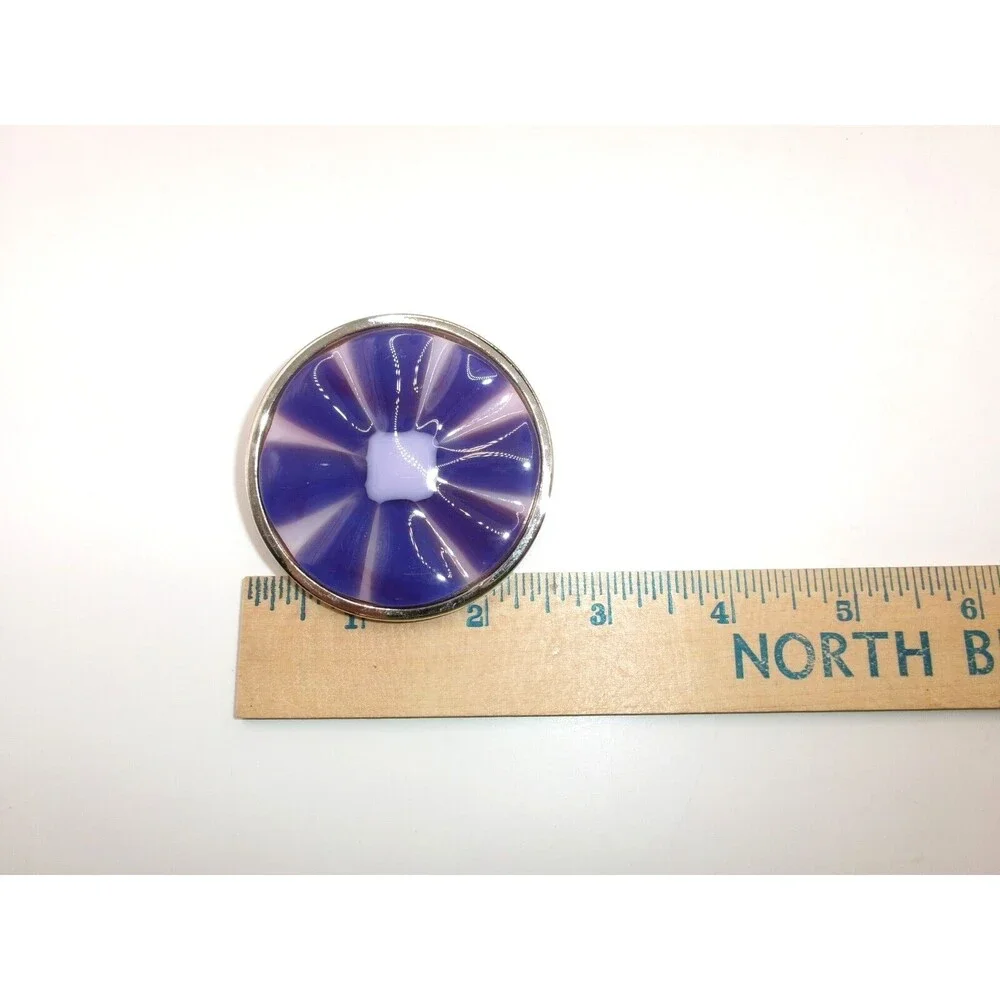 Fused Art Glass Belt Buckle 8 Petal Blue & White Flower Silver Tone Metal Round